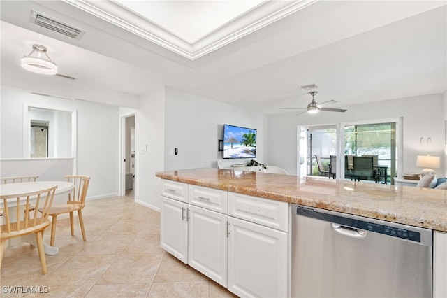 kitchen featuring light tile patterned flooring, white cabinetry, ornamental molding, stainless steel dishwasher, and light stone countertops