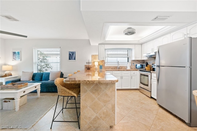 kitchen featuring stainless steel appliances, a tray ceiling, a kitchen bar, and white cabinets