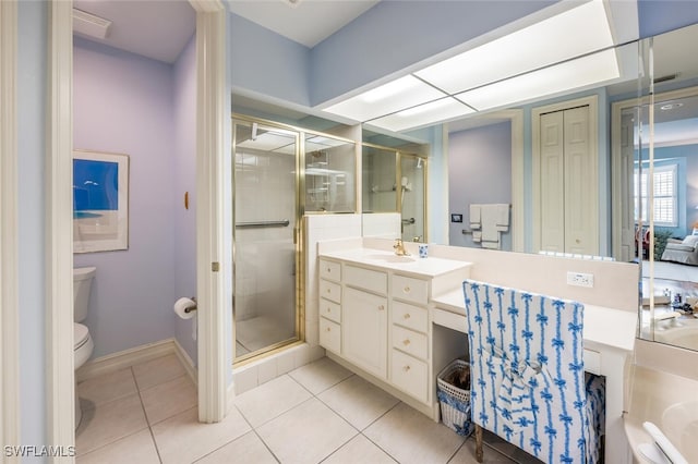 bathroom featuring vanity, walk in shower, tile patterned floors, and toilet