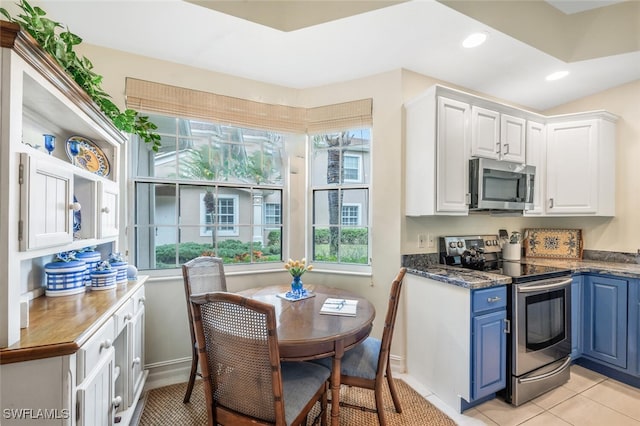 kitchen featuring blue cabinetry, plenty of natural light, stainless steel appliances, and white cabinets