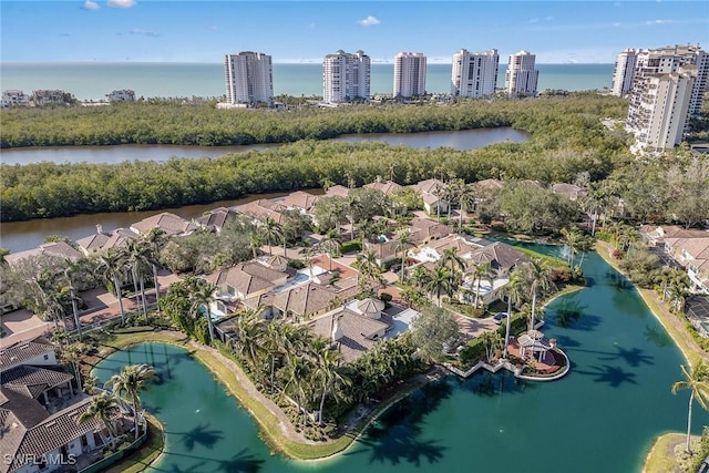 birds eye view of property with a water view