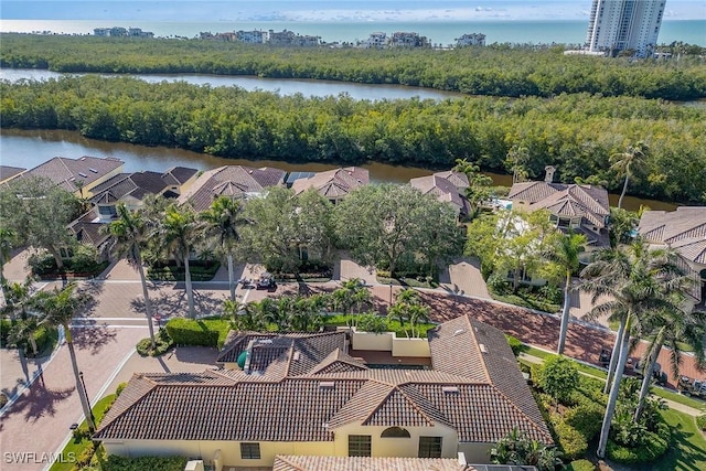 aerial view featuring a water view