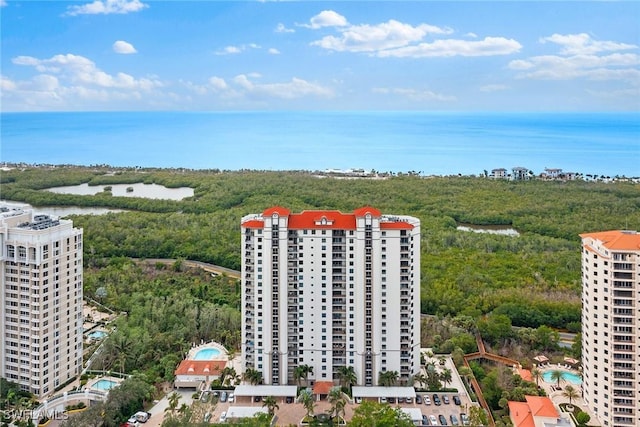 drone / aerial view featuring a water view