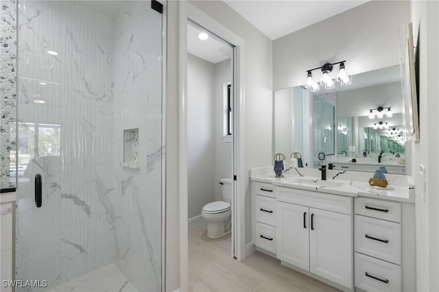 bathroom with vanity, toilet, and walk in shower