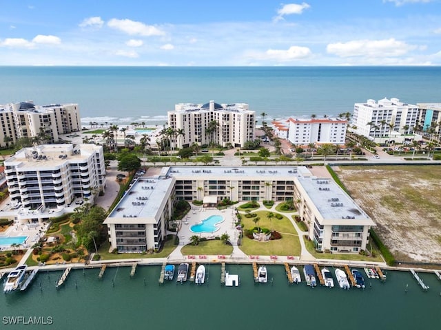 drone / aerial view featuring a water view