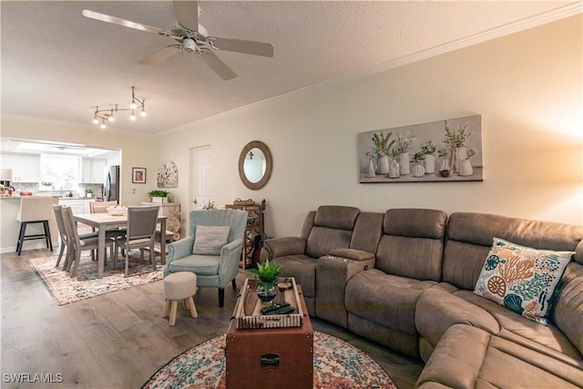 living room featuring crown molding, ceiling fan, hardwood / wood-style floors, and a textured ceiling