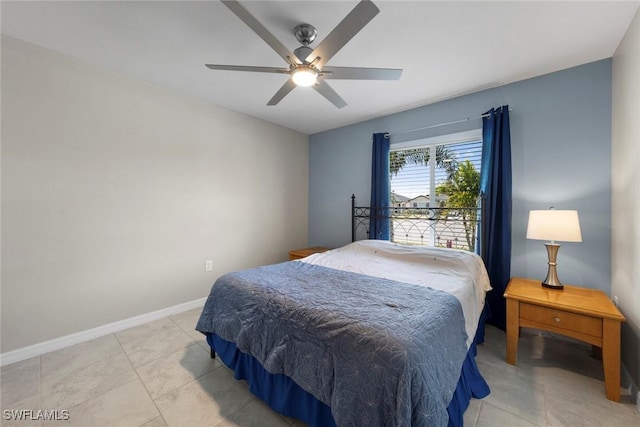 bedroom with light tile patterned floors and ceiling fan