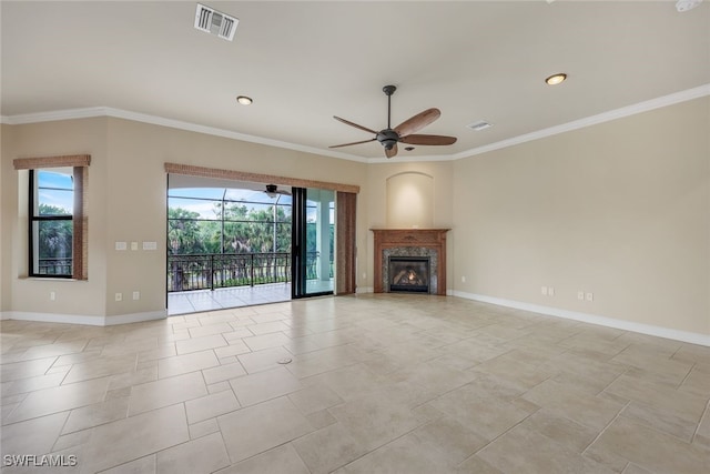 unfurnished living room featuring crown molding, ceiling fan, and light tile patterned flooring