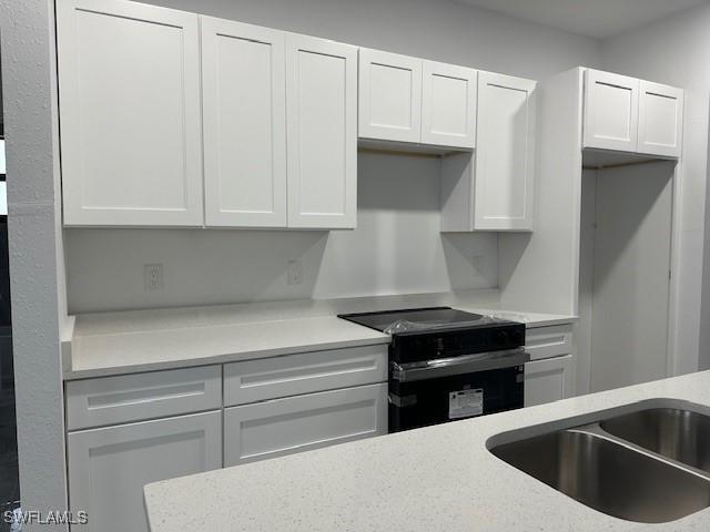 kitchen featuring sink, white cabinetry, and black electric range