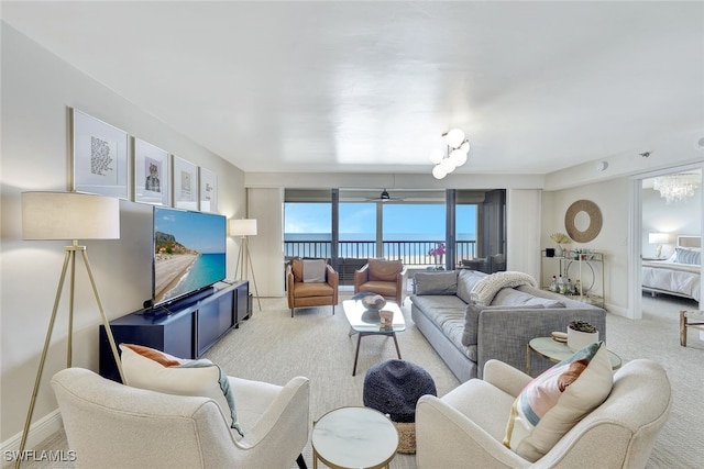 living room featuring light colored carpet