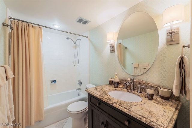 full bathroom featuring vanity, shower / tub combo, and toilet