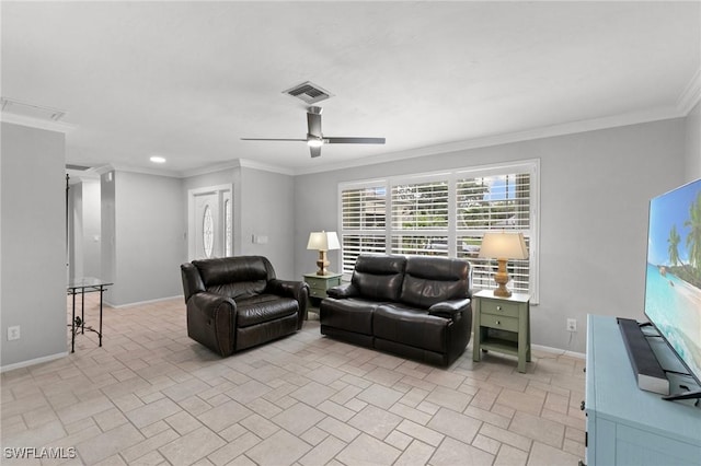 living room featuring crown molding and ceiling fan