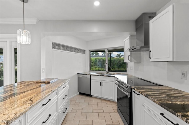 kitchen with sink, stainless steel dishwasher, electric stove, light stone countertops, and white cabinets