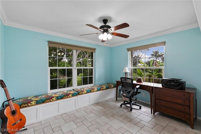 office area featuring ceiling fan and ornamental molding