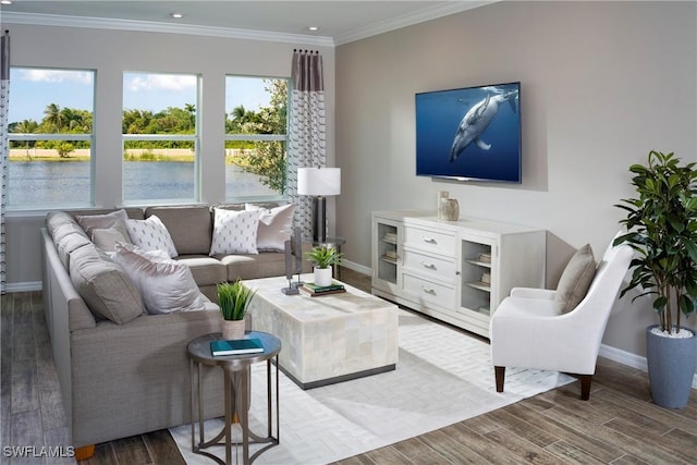 living room featuring ornamental molding and hardwood / wood-style floors