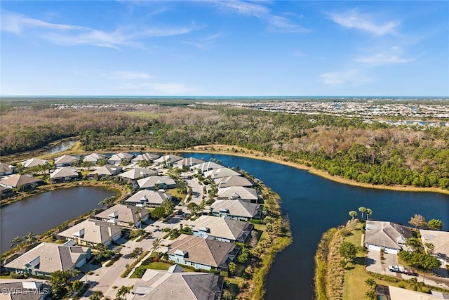 bird's eye view with a water view