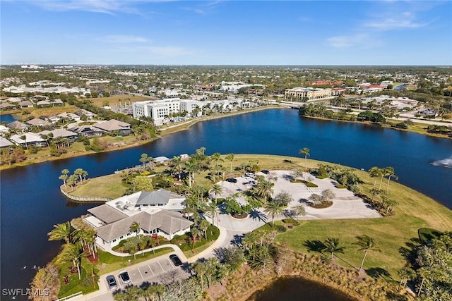 drone / aerial view with a water view