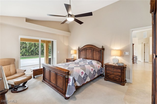 bedroom with ceiling fan, access to exterior, and vaulted ceiling