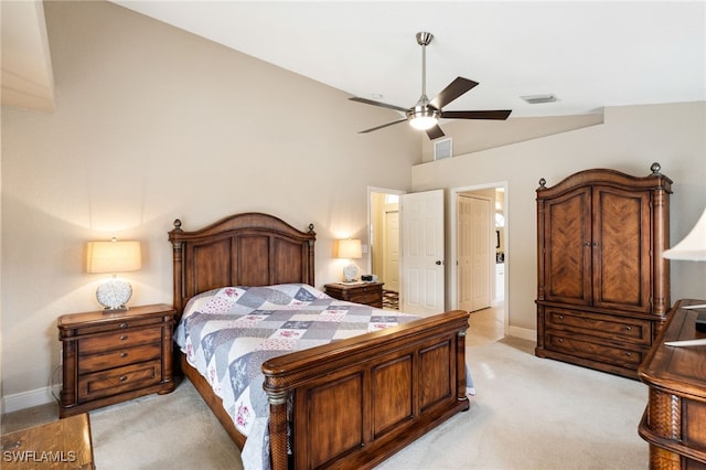 carpeted bedroom featuring ceiling fan and lofted ceiling