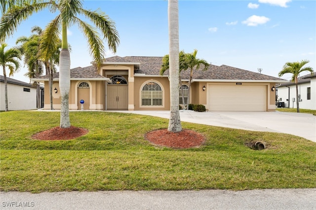 ranch-style house with a garage and a front lawn