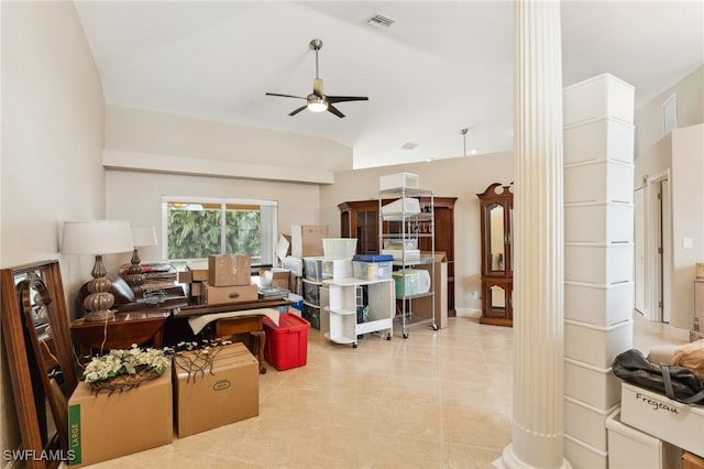 living room featuring lofted ceiling and ceiling fan