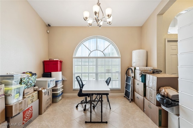 office area featuring a chandelier