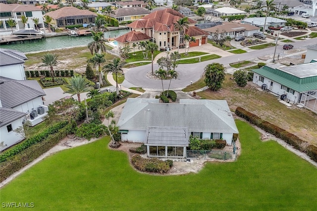 aerial view featuring a water view