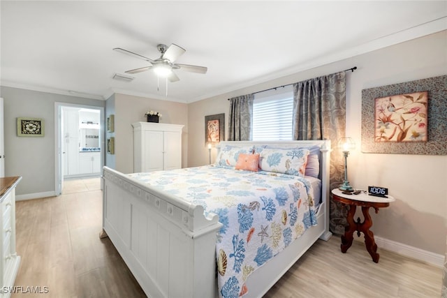 bedroom with ornamental molding, light wood-type flooring, ensuite bathroom, and ceiling fan