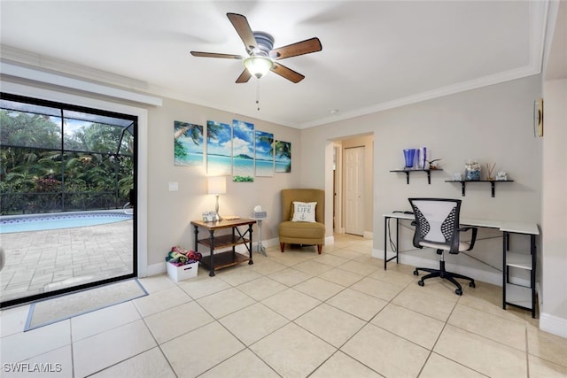 office area featuring crown molding, ceiling fan, and light tile patterned floors