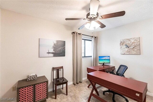 office with ceiling fan and a textured ceiling