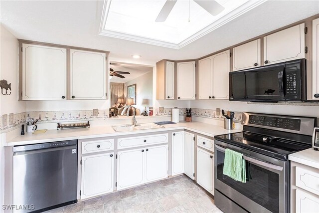 kitchen featuring stainless steel appliances, white cabinetry, sink, and crown molding