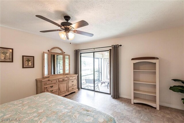 unfurnished bedroom with access to outside, a textured ceiling, and ceiling fan