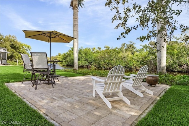 view of patio featuring a water view