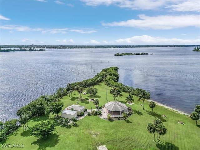 drone / aerial view featuring a water view