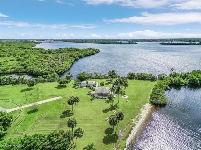 birds eye view of property featuring a water view