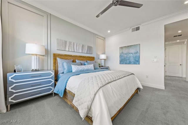 bedroom featuring ceiling fan, carpet flooring, and crown molding