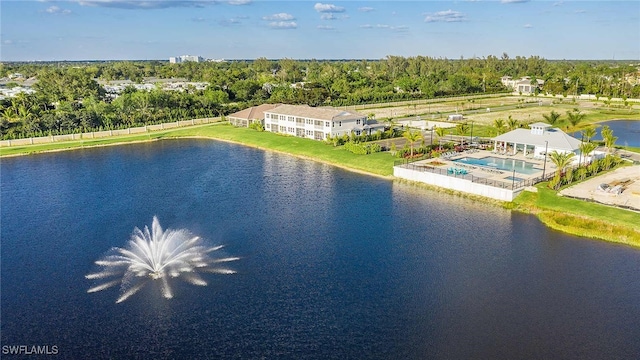 drone / aerial view with a water view