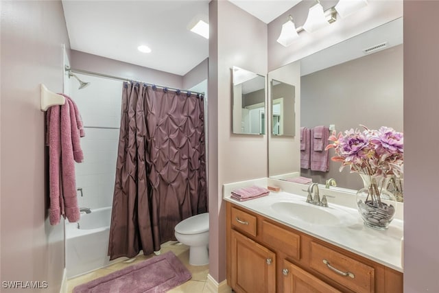 full bathroom with toilet, shower / tub combo, tile patterned flooring, and vanity