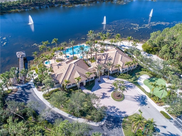 birds eye view of property featuring a water view