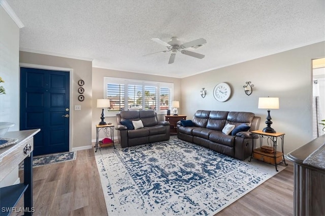 living room with crown molding, a textured ceiling, ceiling fan, and light wood-type flooring