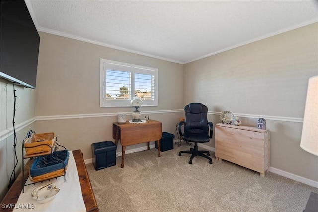 office space featuring light carpet and ornamental molding