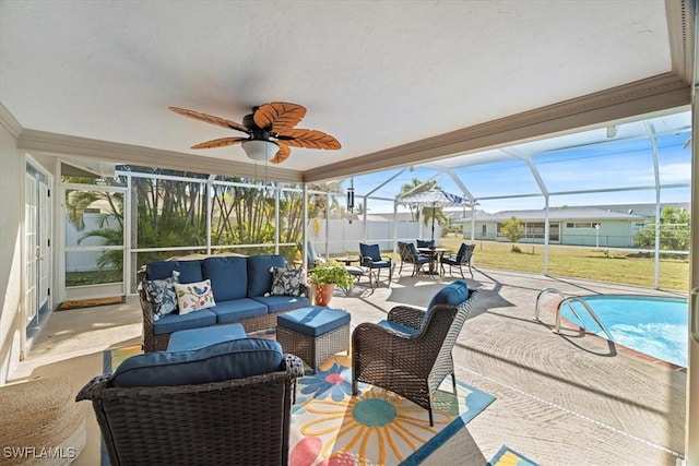 view of patio / terrace with ceiling fan, an outdoor hangout area, a fenced in pool, and glass enclosure