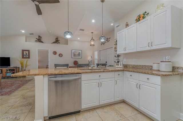 kitchen with vaulted ceiling, dishwasher, pendant lighting, kitchen peninsula, and white cabinets