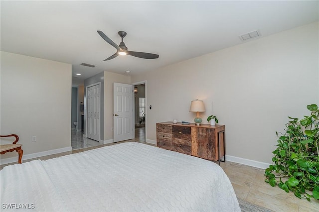 bedroom featuring ceiling fan and a closet