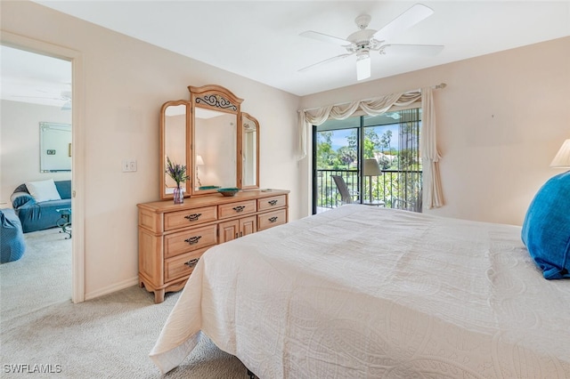 carpeted bedroom featuring access to outside and ceiling fan