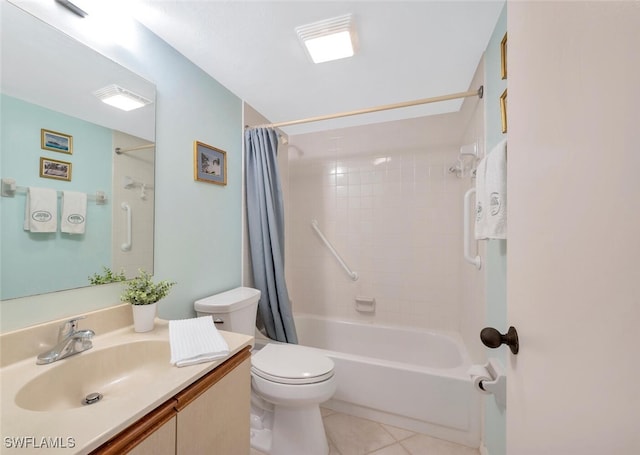 full bathroom featuring toilet, tile patterned flooring, shower / bath combo, and vanity