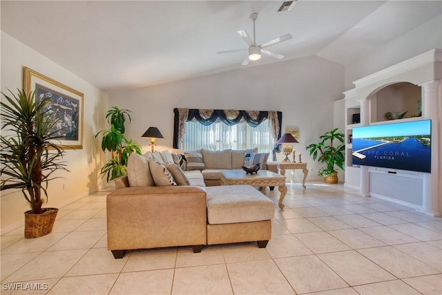 tiled living room featuring high vaulted ceiling and ceiling fan