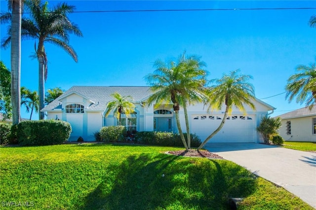 ranch-style house featuring a garage and a front yard