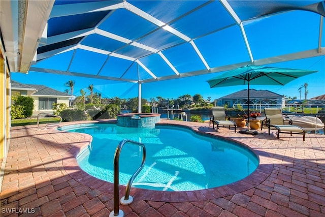 view of swimming pool with a patio, an in ground hot tub, a water view, and glass enclosure