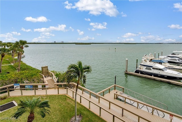 dock area featuring a water view